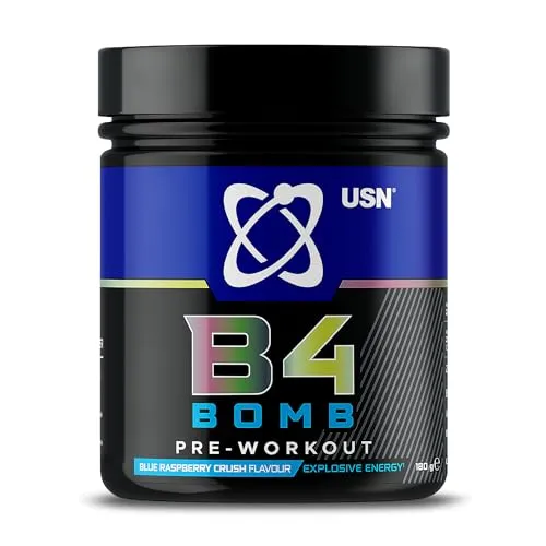 USN Pre Workout B4 Bomb Blue Raspberry 180 g: Explosive Pre Workout Energy Drink Pulver mit Koffein, Beta-Alanin, L-Citrullin (12 Portionen)