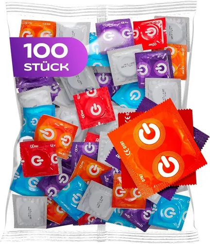ON Condoms Premium Kondome - Verschiedene Sorten - Vielfältige Kondome in verschiedenen Aromen wie Schokolade und Erdbeere, zylindrische Passform für optimalen Komfort. Packung mit 100 Stück, dermatologisch getestet für ein angenehmes Gefühl.