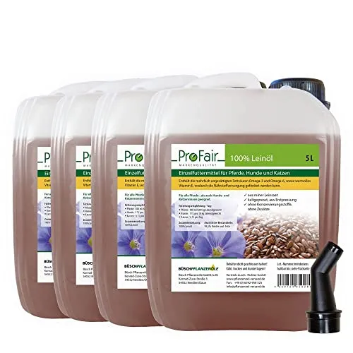 Liter ProFair Leinöl (4 x 5 Liter Kanister) kaltgepresst, 100% aus Reiner Leinsaat, ohne Zusätze, Einzelfuttermittel für Pferd, Hund und Katze 20