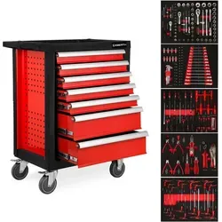 EBERTH Werkstattwagen 167-teilig bestückt, 7 Schubladen, 5 Davon mit Werkzeug gefüllt, Doppelwandiger Werkzeugwagen aus Stahl, Rot Pulverbeschichtet, Lenkrollen, Feststellbremse, Ergonomische Griffe