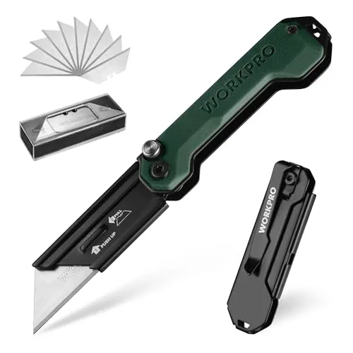 WORKPRO Cuttermesser, Klappmesser Universalmesser, Taschenmesser mit Schnellwechselmechanismus, G10-Griff, mit 10 zusätzlichen SK5-Klingen, Ideal zum Schneiden von Leder, PVC, Papier, Grün
