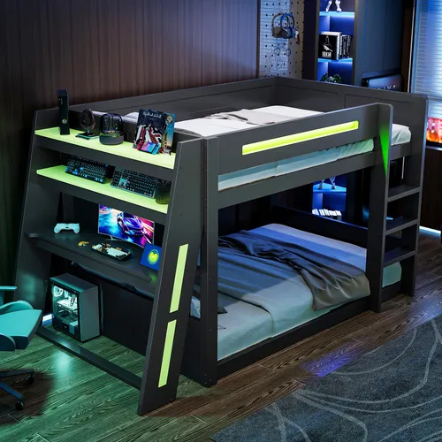 STILVORA Etagenbett 140x200 cm mit Schreibtisch und USB-Anschluss - Funktionales Etagenbett im modernen Gamer-Design mit integriertem Schreibtisch und USB-Anschluss. Ideal für Kinder und Jugendliche, die einen kreativen Arbeitsplatz benötigen. Robuste Konstruktion mit großzügigen Ablageflächen für Ordnung und Stil.