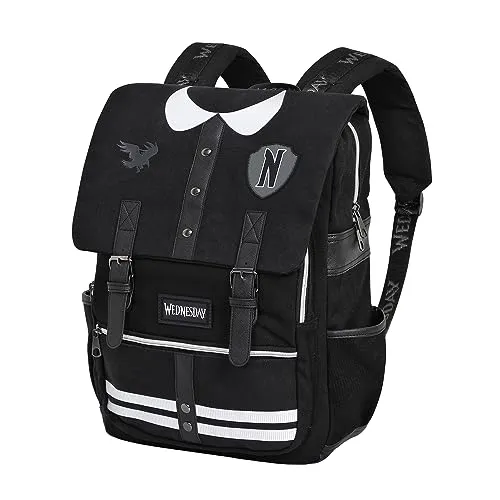 Wednesday Varsity-Oxford Rucksack, Schwarz - Stylischer Tagesrucksack mit gepolsterter Inneneinteilung für elektronische Geräte und praktischem Zwei-Fächer-Design, ideal für Schule und Freizeit.