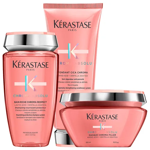 Kérastase Chroma Absolu Set Shampoo Conditioner Maske 3er Set - Vielseitiges Haarpflege-Set für coloriertes Haar. Enthält Shampoo, Conditioner und Maske für intensive Pflege und Glanz. Ideal für alle Haartypen, auch für feines und strapaziertes Haar.