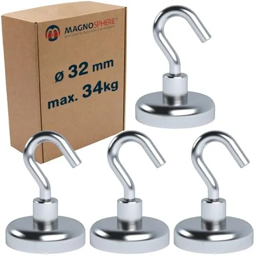Magnosphere Magnethaken Extra Stark 34 kg Starke Neodym Magnet mit Haken Hakenmagnete Magnetische Haken Ø 32 mm für Küche Camping Grill Dekor Büro Lager Werkstatt Montage Kreuzfahrt - 4 Stück