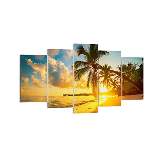 Wandbilder Dekoration Wohnzimmer Meer Strand Palme Mehrteilige Bilder auf Leinwand 160x85cm Leinwandbild Schlafzimmer Set 5 teilige Wand Kunstdruck Art Groß XXL Wanddeko Bild Canvas EA160x85-3922