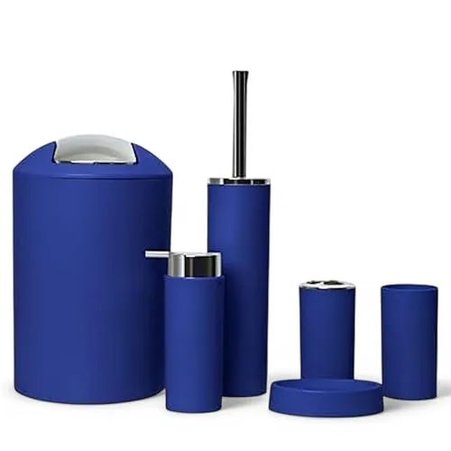 6tlg Badset Badezimmer Zubehör Set Organizer: Seifenspender, Zahnputzbecher, Kosmetikeimer, WC Bürste und Halter, Seifenschale, Mülleimer, Zahnbürstenhalter, Badgarnitur (Dunkelblau Design 2a)