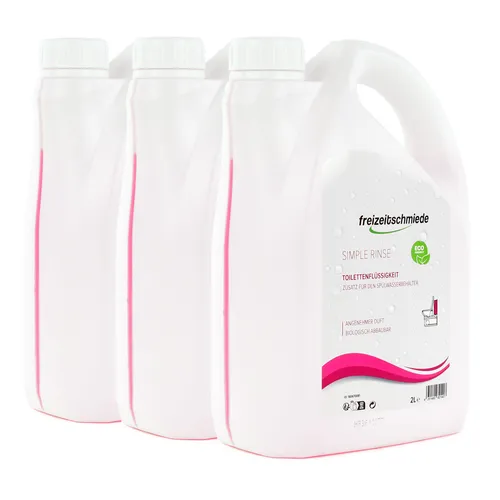 Freizeitschmiede Simple Rinse Toiletten Zusatz 3x2L - Effektiver Toilettenreiniger für Campingtoiletten. Hält das Spülwasser frisch, fördert die Spülung und beugt Kalkablagerungen vor. Ideal für Wohnmobile und Boote.