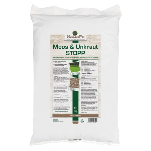 HaGaFe Rasendünger Moos und Unkraut - Stopp, 1 x 10kg, Spezialdünger gegen Moos und Unkraut im Rasen ohne Pflanzenschutz