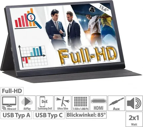 auvisio EZM-210 Mobiler Full-HD-IPS-Monitor 15.6 Zoll - Monitore mit 39,6 cm (15,6 Zoll) IPS-Display, tragbar und ideal für Grafikdesign und Gaming. Mit Touchscreen und vielseitigen Anschlussmöglichkeiten, perfekt für unterwegs.