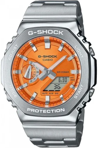 Casio G-Shock GM-2110D-4AER - Edelstahl Armbanduhr Silber/Orange - Chronograph mit Weltzeitfunktion und 20 ATM Wasserdichtigkeit, ideal für Sportler und Abenteurer. Die LED-Hintergrundbeleuchtung sorgt für optimale Ablesbarkeit in dunklen Umgebungen.