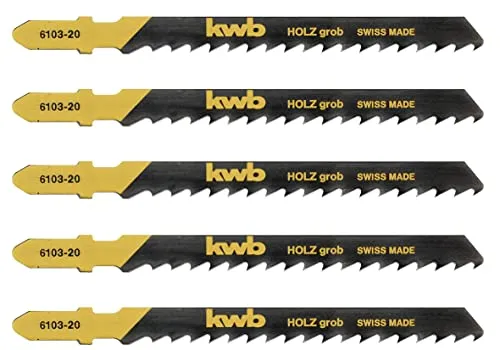kwb Stichsägeblätter für Holz aus flexiblem HCS-Stahl mit Einnockenschaft (T-Schaft), speziellem Einstichzahn, langanhaltender Schärfe, schwarz lackiert, schneller Schnitt