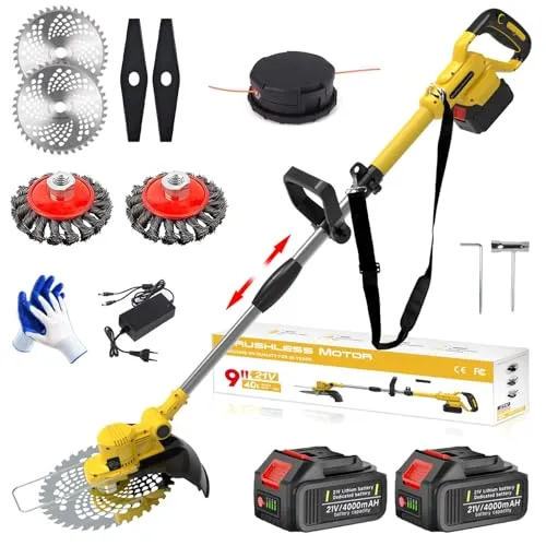 Akku Rasentrimmer 21 V mit Unkrautbürste - Vielseitiger Rasentrimmer & Motorsensen mit 5 Klingentypen, 90° schwenkbarem Kopf und ergonomischem Design für müheloses Trimmen und Schneiden in jedem Garten.