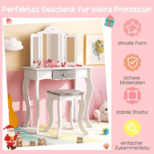 in 1 Kinder Schminktisch + Hocker mit Klappbarem Spiegel & Schublade & Zubehörteilen 2