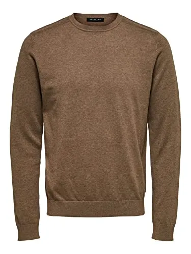 Herren Selected Rundhals Pullover SLHBERG - Einfarbiger Feinstrick Pullover aus hochwertiger Baumwolle, ideal für lässige Anlässe und in Braun erhältlich, Größe XL.