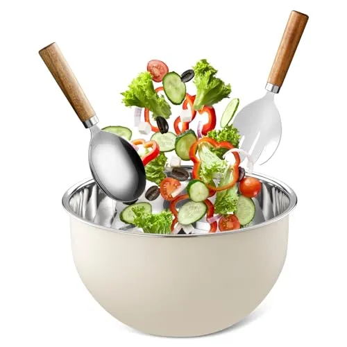 FAB4HOME Salatschüssel und Servier-Set, Edelstahl, Salat-Rührschüssel mit Salatlöffel und Gabel, große Metall-Küchenschüssel zum Zubereiten und Servieren, 26 cm, spülmaschinenfest (Creme)