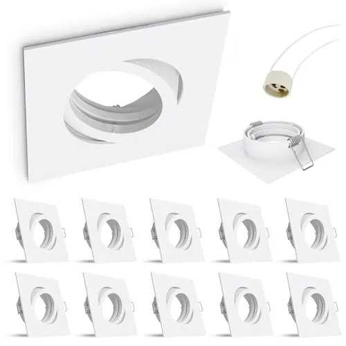 linovum 10x Einbaustrahler Rahmen Set - 10er Set schwenkbare Einbaurahmen in Weiß für GU10 und MR16 Leuchtmittel, ideal für Decken- oder Wandmontage. Einfacher Leuchtmittelwechsel ohne Sprengring, hohe Sicherheit durch Zertifizierung.