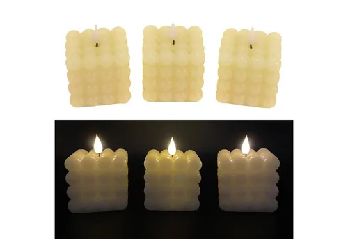 Produktbild Online-Fuchs LED-Kerze 3er Set LED Bubble Kerzen aus Echtwachs mit Timerfunktion (2 Farben wählbar (creme oder orange), Seifenblasen-Optik Würfel-förmig 7,5x7,5x10 cm