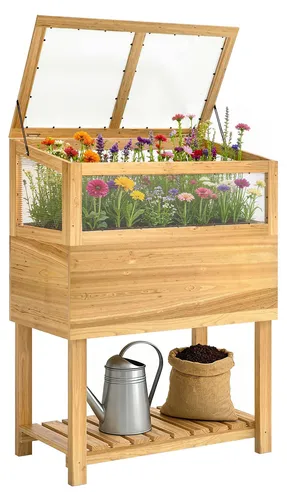 Hochbeet mit Frühbeetaufsatz aus Holz – Erhöhter Pflanzkasten mit Klappdach - Ideal für Gartenliebhaber: Dieses Hochbeet aus Tannenholz mit Frühbeetaufsatz bietet eine praktische Abdeckung und ein Regal. Perfekt für Kräuter, Gemüse und Blumen – für den Außenbereich geeignet.