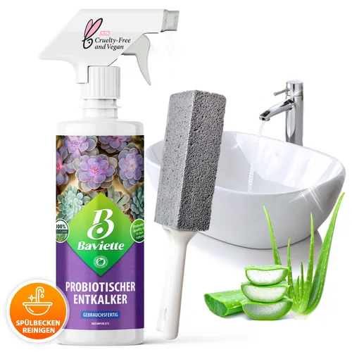 Baviette 500ml Bad-Kraftreiniger & Kalkentferner Spray inkl. Bimsstein – biologisch abbaubar & probiotisch, für WC, Waschbecken & Armaturen – geeignet