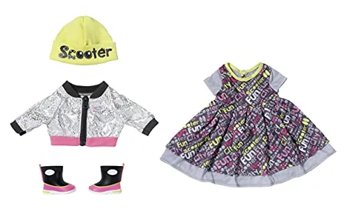 BABY born Deluxe Scooter Outfit, buntes Puppenkleid mit Jacke, Mütze und Stiefeln für 43 cm Puppen, 830208 Zapf Creation