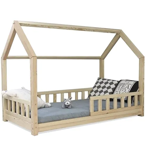 Best for Kinder Kinderbett Kinderhaus mit Lärmschutz Jugendbett Naturhaus Holzbett mit oder ohne 10 cm Matratze viele Größen (90 x 200 cm mit Matratze)