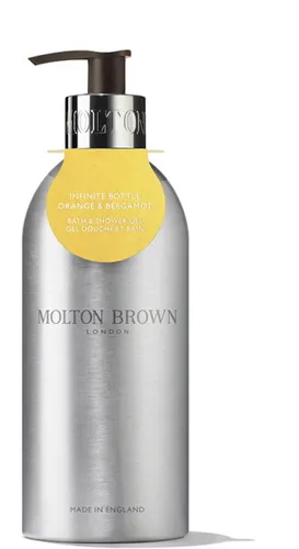 MOLTON BROWN Orange & Bergamot Infinite Bottle Bath & Shower Gel 400 ml - Wasch- & Duschgel mit erfrischendem Duft von süßer Orange und Bergamotte. Nachhaltige Flasche aus 100% recyceltem Aluminium, ideal für ein belebendes Duscherlebnis.