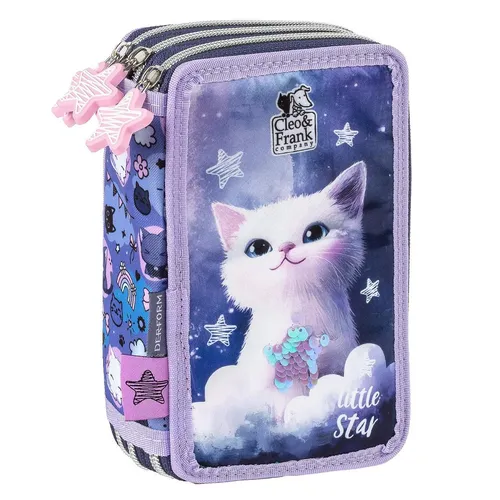 Katze 3 Fach Federtasche gefüllt Federmäppchen Federmappe blau Mäppchen Kätzchen