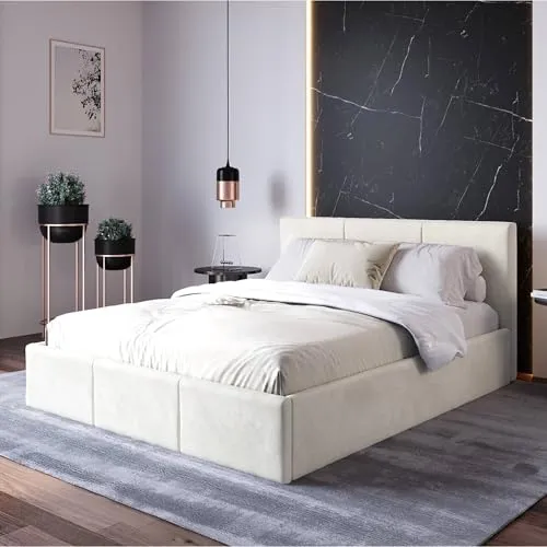 Home Collective Polsterbett mit Stauraum - Beige, Doppelbett mit Kopfteil - Elegantes Polsterbett mit praktischem Stauraum und stabilem Metallrahmen. Die hochwertige Samtpolsterung und das innovative Gaslift-System ermöglichen mühelosen Zugang zu Bettwäsche und mehr. Ideal für jedes Schlafzimmer.