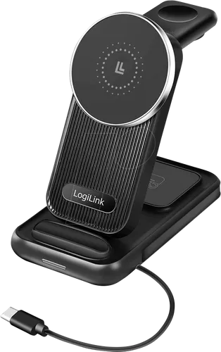 Kabellose Qi Ladestation für Apple iPhone und Watch - MagSafe kompatibel - Ladegeräte & Dockingstationen - Universelle Kompatibilität mit Qi-fähigen Geräten, stilvolles Design in Schwarz und einfache USB-C Verbindung.