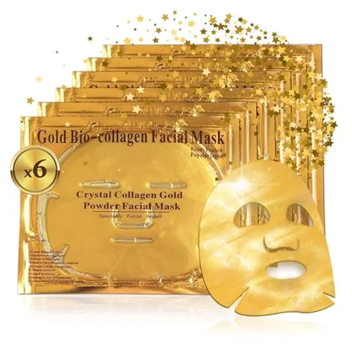 Crystal Collagen Gold Gel Gesichtsmaske 24k - Luxus Anti-Aging Gel Maske, Tuchmaske - Feuchtigkeitsspendend & verjüngend - reduziert Feine Linien, Augenringe & geschwollene Augen (Stück:6)