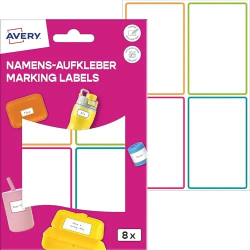 AVERY Zweckform NAME8C Namensaufkleber Kinder wasserfest 8 Stück (46x72mm, Folie, selbstklebende Namens-Etiketten, beschriftbare Namensschilder, Spülmaschinenfest, für Schule, Kindergarten) bunt