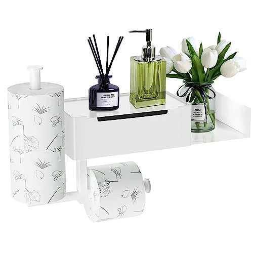 Airminti Klopapierhalter mit Ablage, Klopapierhalter mit Feuchttücherbox Edelstahl WC Rollenhalter, Toilettenpapierhalter ohne Bohren Selbstklebend für Bad und Küche mit 2 Ersatzrollenhaltern, Weiß