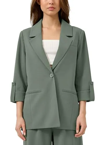 QS Damen Indoor-Blazer 2175406 in Grün, Größe 36 - Eleganter Indoor-Blazer mit Reverskragen und 3/4-Ärmeln, ideal für vielseitige Outfits. Der Ein-Knopf-Verschluss und die zwei Pattentaschen bieten praktischen Komfort.