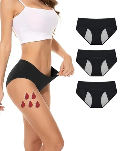 PULIOU Perioden Unterwäsche Damen Baumwolle Menstruation Unterhosen Slips Postpartum Panties Damen Hipsters 3er Pack, Schwarz Blau Grau XL