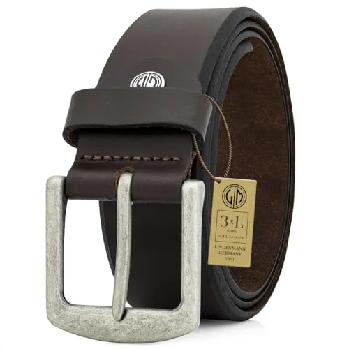 LINDENMANN Vollrindledergürtel Herren, Jeans-Gürtel Herren Leder 40 mm breit, Gürtel Herren, Vollrindledergürtel dunkelbraun, Größe/Size:120, Farbe/Color:braun