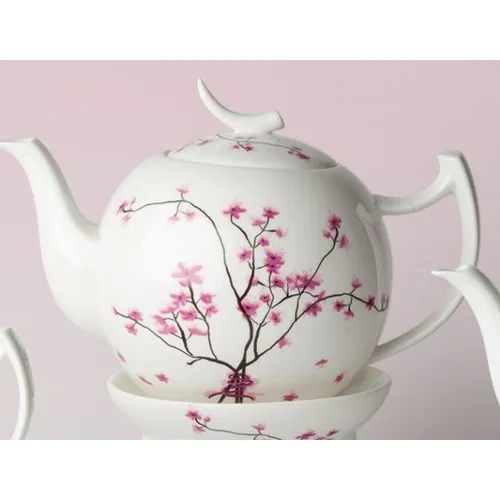 Teekanne CHERRY BLOSSOM 400ml - Weiß Rosa Porzellan - Thermobehälter mit zauberhaftem Kirschblütenmotiv, ideal für Teeliebhaber und perfekt für eine Person. Spülmaschinengeeignet und ein echter Blickfang auf jedem Tisch.