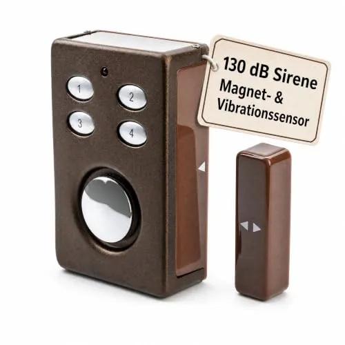KOBERT GOODS Türalarm SP65 braun, 130 dB Laute Sirene, Einbruchschutz Tür | Drahtloser Tür- und Fensteralarm mit Magnet- und Vibrationssensor sowie PIN-Code – schnell montiert, sofort einsatzbereit