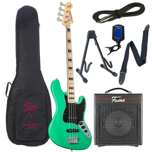 E-Bass Anfänger Set J & D JB Vintage 1975 SFG + Gaia - E-Bass Set mit JB Vintage 1975 Surf Green, ideal für Einsteiger. Massiver Erle-Korpus, passives Pickup-System und leistungsstarker 30 Watt Comboverstärker für vielseitigen Sound.