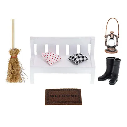 showll Miniatur Deko Mini Holzbank Regen Stiefel Kehrbesen Teppichdecke Öllampe Puppenhaus Möbel Garten Landschaft Ornament Hause DIY Dekor Geschenk