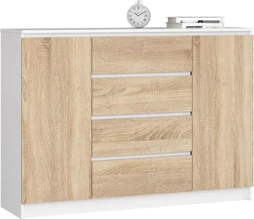 BDW, Kommode mit 4 Schubladen, 139x40x99 cm, K140, Weiß / Sonoma-eiche