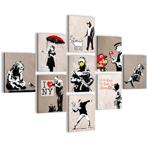 Novart Wandbilder Banksy - KOMPLETT AUFHÄNGFERTIG - Street Art Wohnzimmer Schlafzimmer Büro - 7 Moderne Mood - Bilder - N041091b