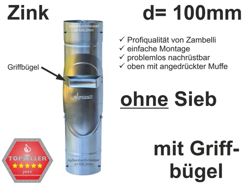 Zink Fallrohr Regenrohrklappe ohne Sieb d=100mm, mit Griffbügel - AKTIONSPREIS