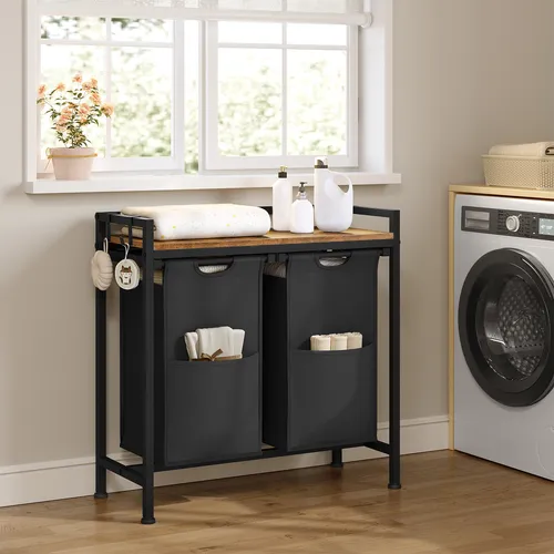 WOLTU Wäschekorb 2 Fächer mit Wäschesack - Wäschekorb mit 2 Fächern, ausziehbar und abnehmbar, praktisch für eine organisierte Wäschetrennung. Modernes Design in Schwarz und rustikalem Braun, ideal für jedes Zuhause.