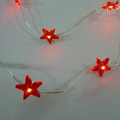 Dapo LED-Weihnachts-Party-Lichterkette Stern batteriebetrieben 20 flammig rot, Kabel Silber, Länge 1m, Zuleitung 35 cm, EIN-Ausschalter am Batteriefach, Advents-Tisch-Stimmungs-Dekorations-Lampe