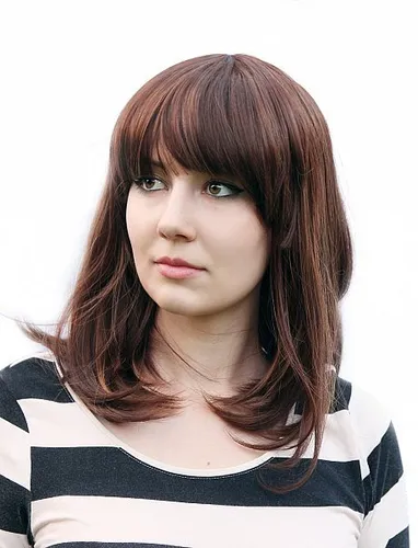 Braun mit Blond Strähnen glatt Mittel-lang Pony Perücke natürlich Alltag C853