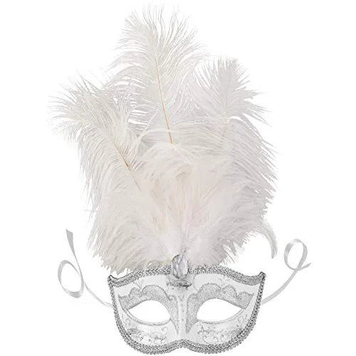 dressforfun 900887 Venezianische Maske mit Federn, Halbmaske für Damen, Augenmaske mit Zierborte für Maskenball Party Kostüm Fasching Karneval Halloween - diverse Farben - (silber | Nr. 303545)