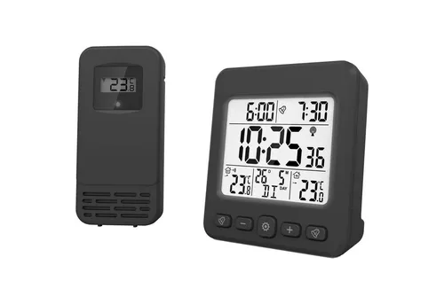 Miraval LCD Funkwecker mit Außensensor Wetterstation Datumsanzeige Funkuhr Kalender Datum 2 Alarme Datumsanzeige Snooze Funkwetterstation (Datumsanzeige, Funksignal, Temperaturanzeige, Aussensensor, AA-Batterien, Schwarz, Großer Display, Funkwecker)