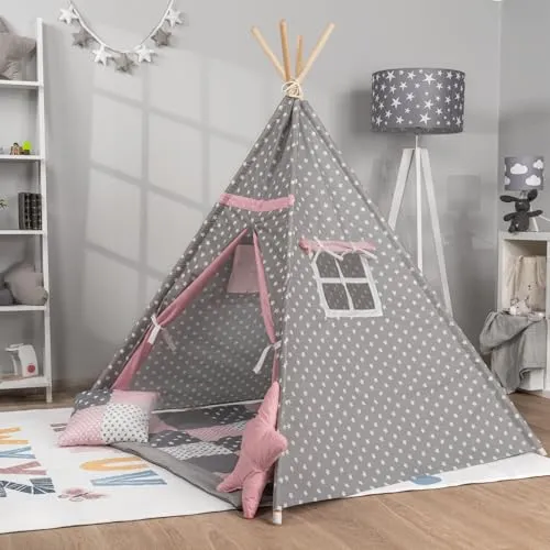 Paco Home Kinderzelt Tipi Zelt für Kinderzimmer - Spielzelt im modernen Design mit robustem Polyester und stabilen Kiefernholz-Stangen, ideal für kreative Spielstunden im Kinderzimmer.