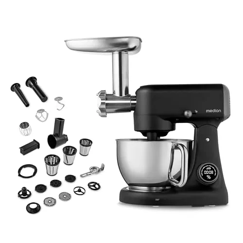 MEDION Küchenmaschine MD12600 mit Fleischwolf - Universalküchenmaschine mit 800 W leisen Gleichstrommotor, 4,6 L Edelstahlschüssel und digitalem Sensor-Touch-Display – ideal für müheloses Zubereiten von Speisen.